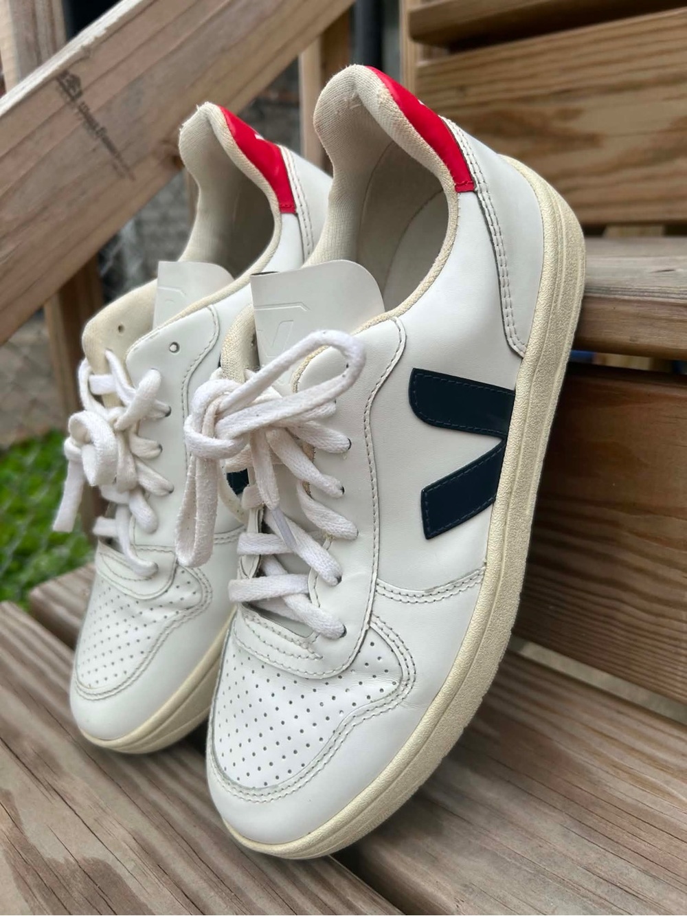 Veja White Sneakers with Navy V Accent and Red Heel